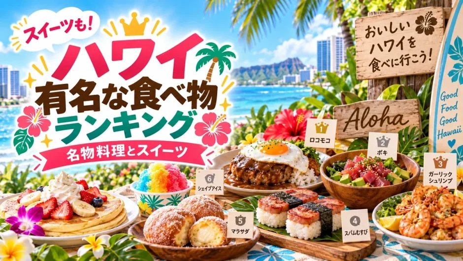 ロコモコやパンケーキなどハワイで有名な食べ物とスイーツを並べたランキング画像