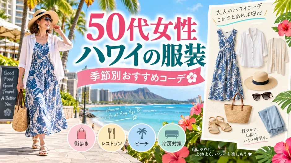 ワイキキビーチを歩く50代女性のリゾートワンピース姿とハワイ旅行の季節別コーデ一式