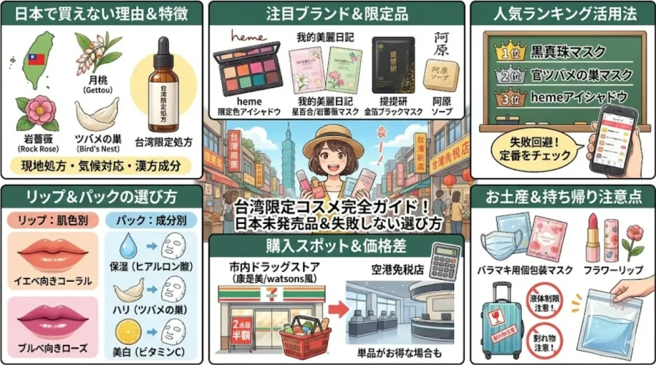 日本では買えない台湾コスメの限定品と人気ランキングを並べた画像