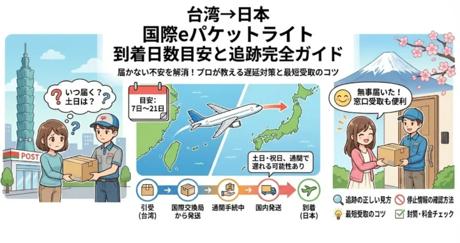 国際eパケットライトで台湾から日本へ荷物を送る際の到着日数の目安を示した画像