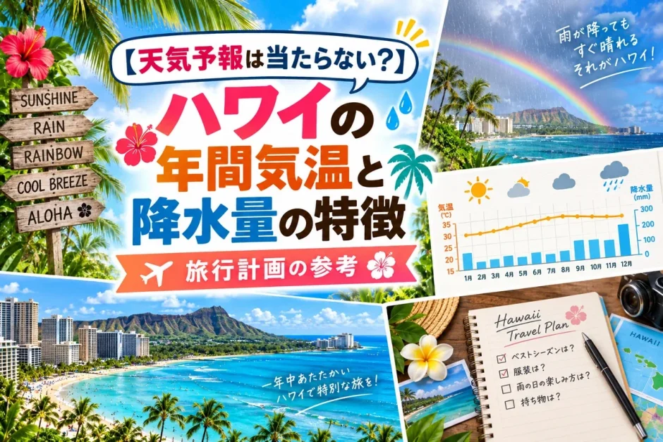 ワイキキにかかる虹とハワイの月別の気温・降水量を示したグラフ