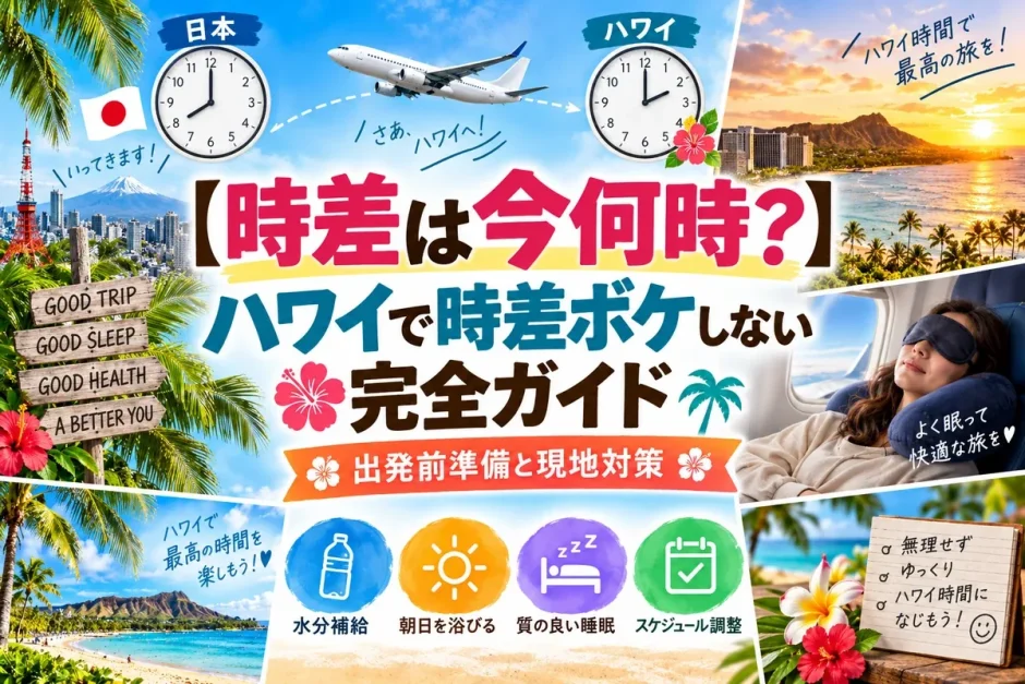 日本とハワイの時計を並べた時差の図と、機内でアイマスクをして休む旅行者