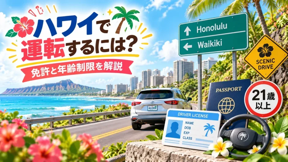 ハワイでレンタカーを運転する様子と必要な免許・年齢制限を解説した画像