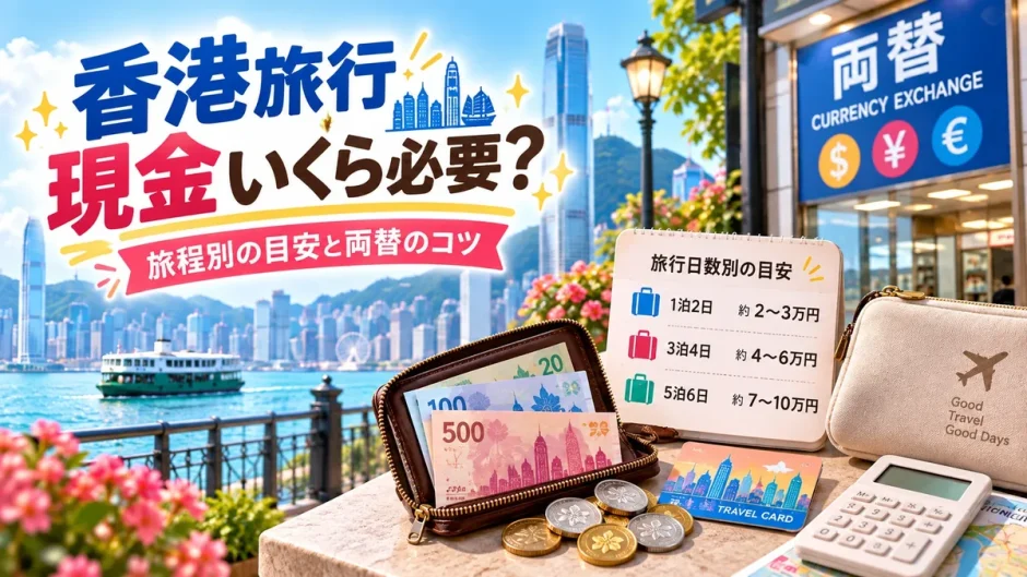 香港旅行に必要な現金の目安を旅程別に示し、両替方法とあわせてまとめた画像