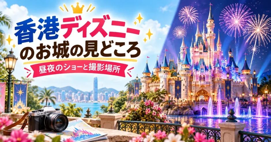 香港ディズニーランドのシンデレラ城と夜のショー、撮影スポットを紹介する画像