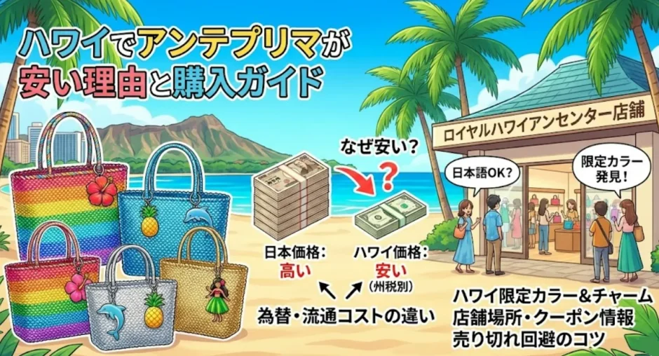 ハワイのアンテプリマ店舗に並ぶワイヤーバッグと日本との値段を比較した画像