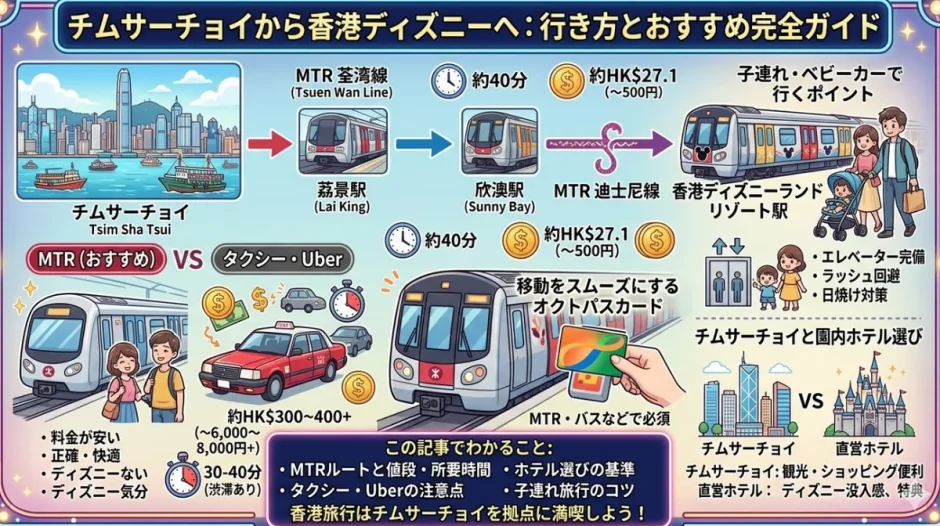 チムサーチョイから香港ディズニーへMTRで向かう乗換ルートと所要時間を示した図