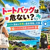 トートバッグを持つ旅行者と車上荒らしへの注意喚起、ハワイ島観光の防犯対策を示した画像