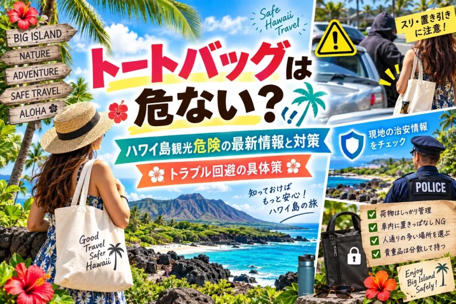 トートバッグを持つ旅行者と車上荒らしへの注意喚起、ハワイ島観光の防犯対策を示した画像