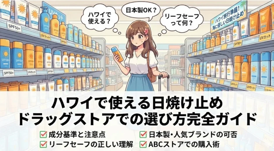 ハワイのドラッグストアの棚に並ぶ日焼け止めとリーフセーフの選び方を示した画像