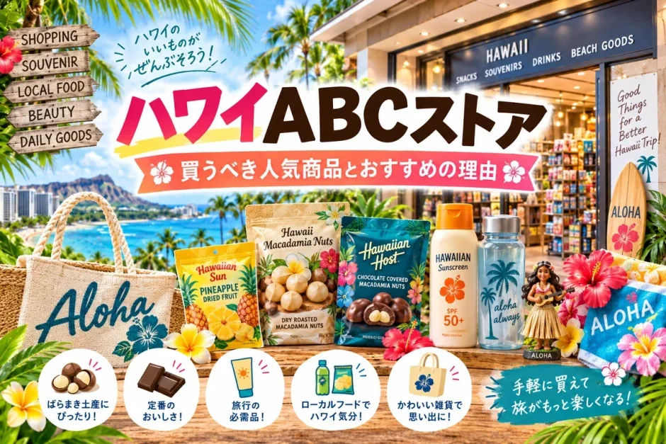 ハワイのABCストアの店先とマカダミアナッツや日焼け止めなど人気商品を並べた画像