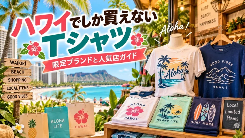 ワイキキの店先に並ぶハワイ限定Tシャツとアロハ柄のショップバッグ