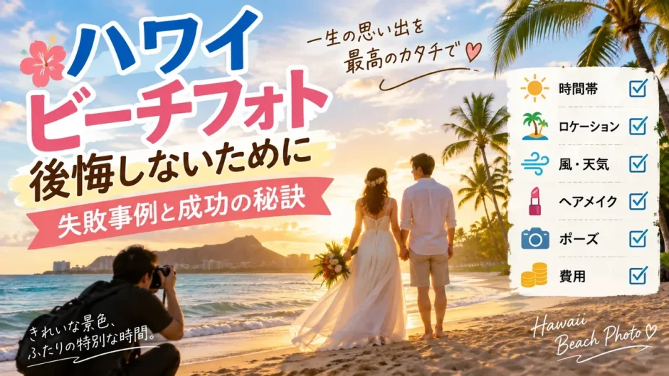 夕暮れのハワイのビーチでウェディングフォトを撮影する新郎新婦とカメラマン