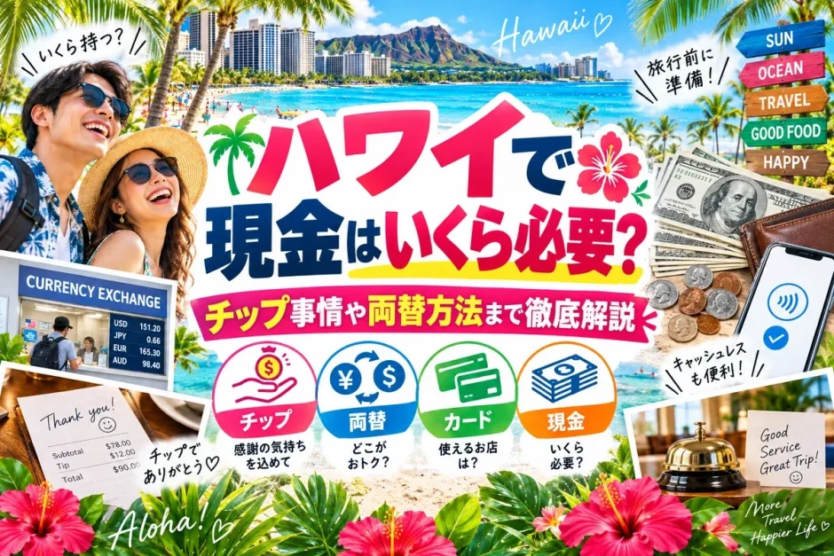 ハワイの両替所とドル紙幣、チップの伝票やタッチ決済のスマートフォンを並べた画像