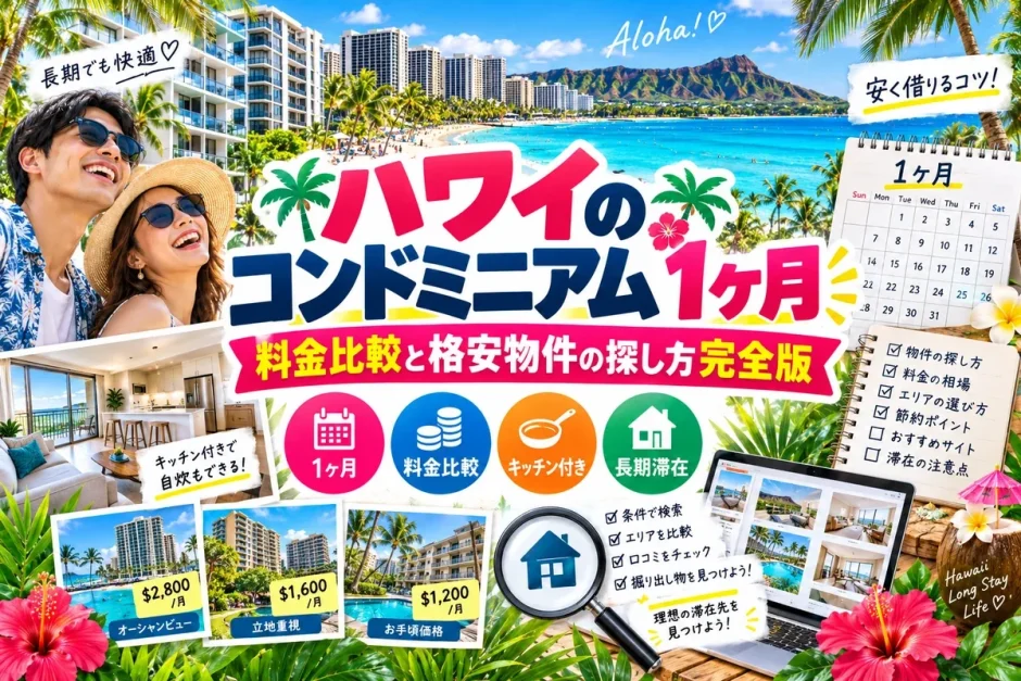 ハワイのコンドミニアムの客室とキッチン、1ヶ月あたりの家賃を比較した画像