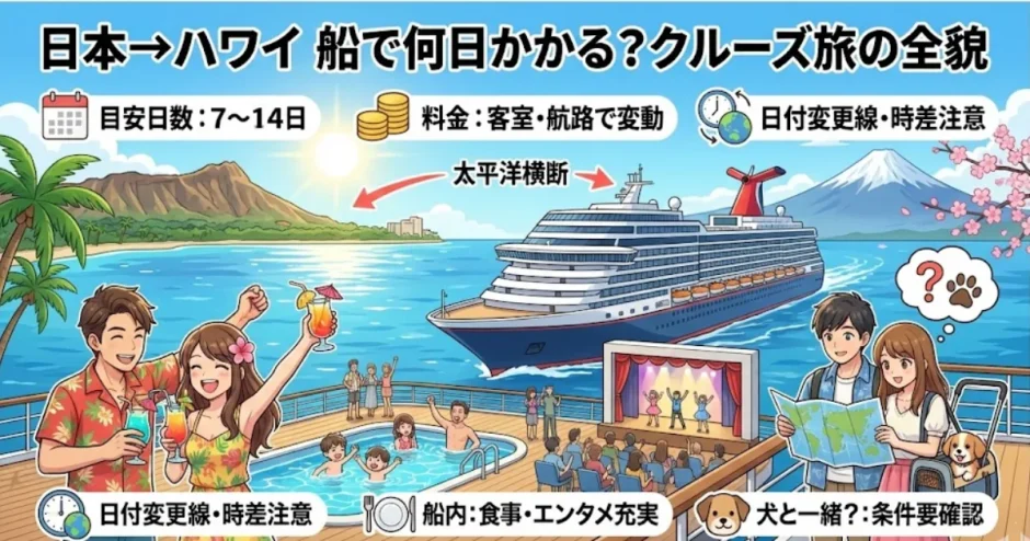 日本からハワイへ向かう客船と航路別の所要日数・料金をまとめた画像