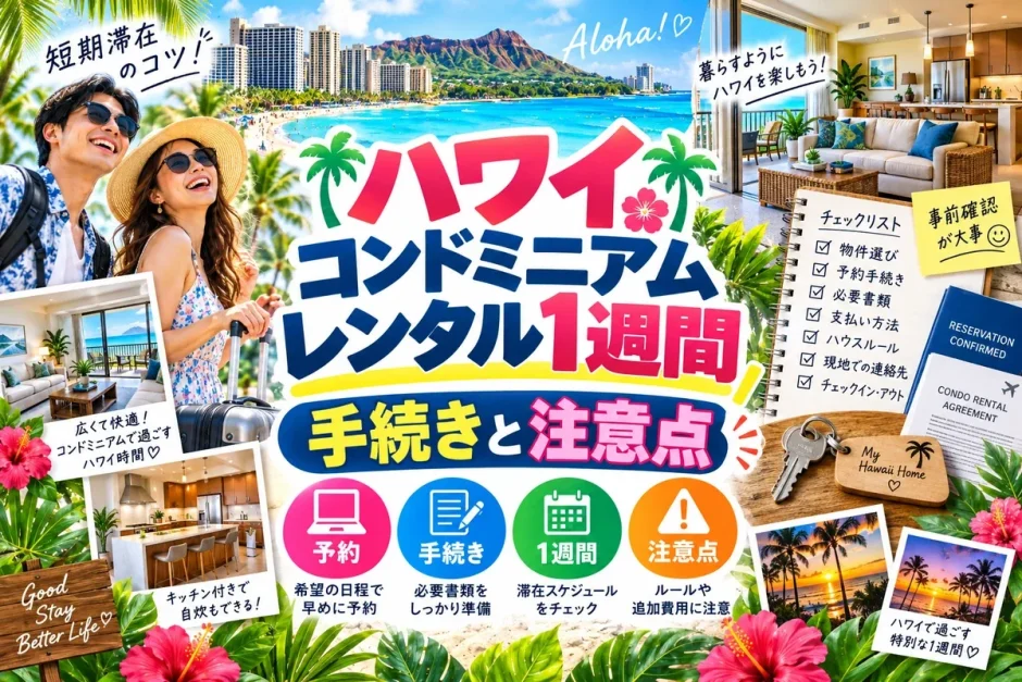 ハワイのコンドミニアムの室内と1週間の賃貸契約書、予約手続きのチェックリスト