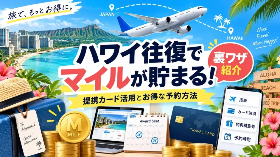 日本からハワイへ向かう飛行機とマイルを貯める提携カードや特典航空券の予約画面