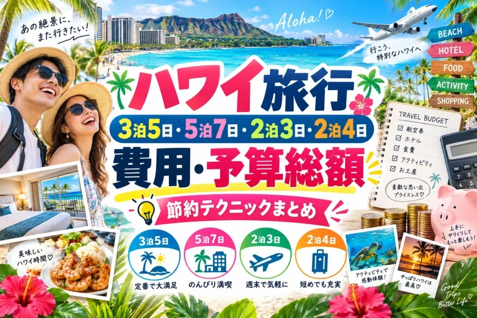 ワイキキを楽しむカップルと3泊5日から5泊7日までの日程別の費用内訳を示した予算表
