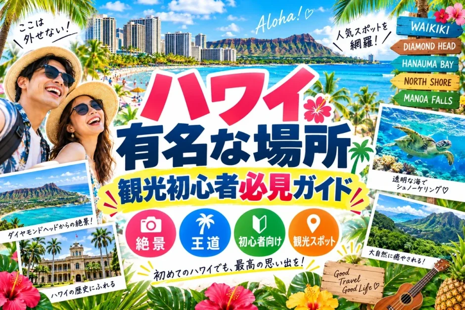 ダイヤモンドヘッドやハナウマ湾など、ハワイの有名な観光スポットを集めた画像