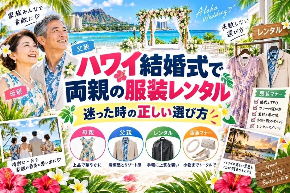 ハワイの結婚式に参列する両親の装いと、レンタルできるドレスやジャケットの一覧