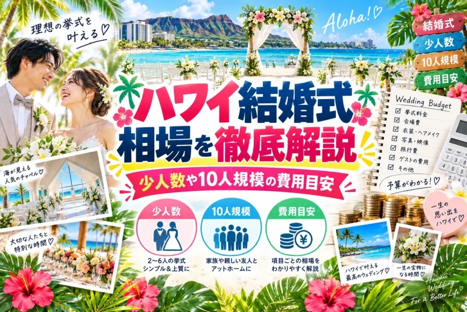 ハワイのビーチに設けられた結婚式のフラワーアーチと、少人数挙式の費用内訳