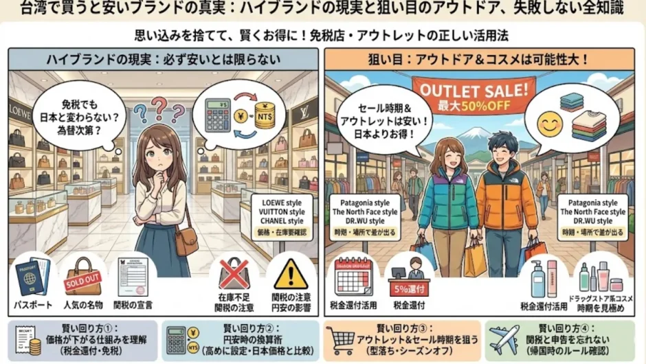 台湾で買うと安いブランドと税金還付・アウトレットの使い方をまとめた画像