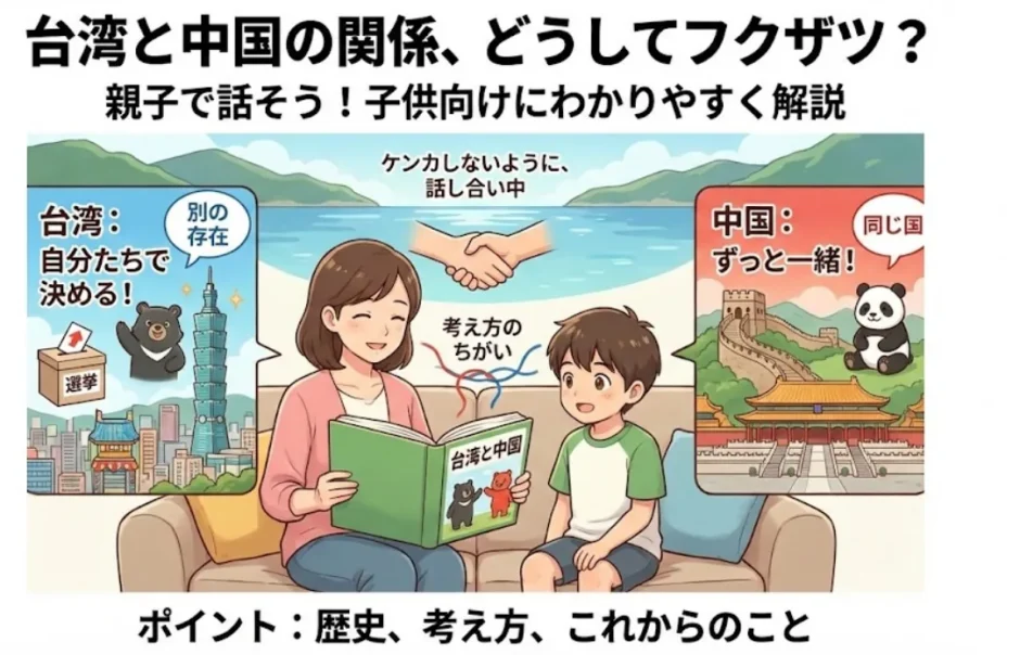 台湾と中国の関係を歴史から子供向けにわかりやすく図解した画像