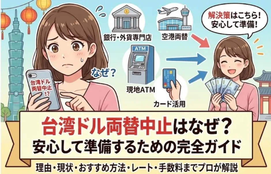 台湾ドルの両替中止の背景と、今使える両替方法や手数料の目安をまとめた画像