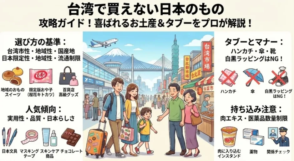 台湾へ持っていくと喜ばれる日本のお菓子やお土産を並べた画像