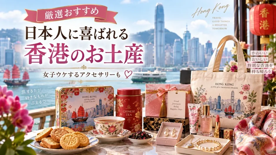中国茶やクッキー、アクセサリーなど日本人に喜ばれる香港のお土産を並べた画像