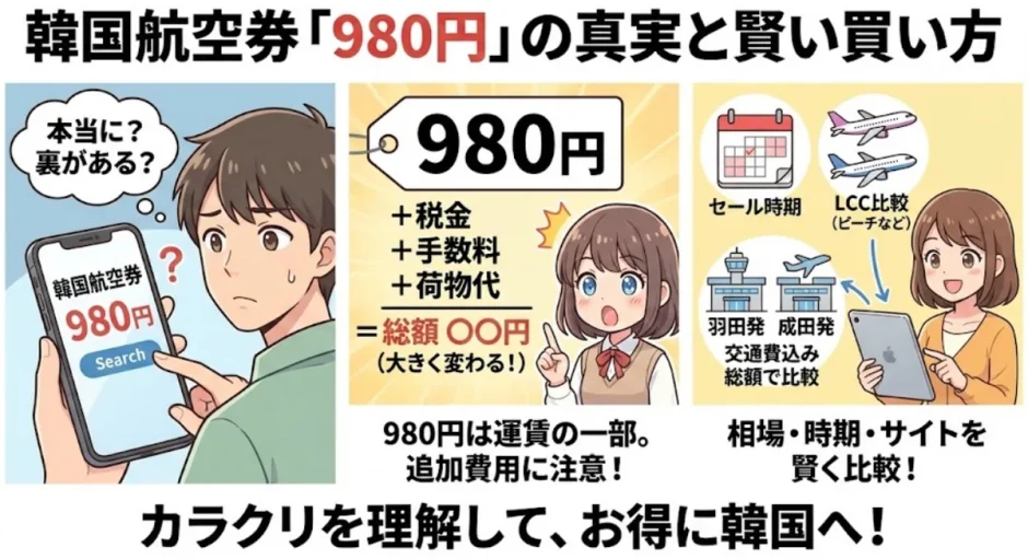 韓国行き航空券980円というセール表示と実際にかかる総額の内訳を示した画像