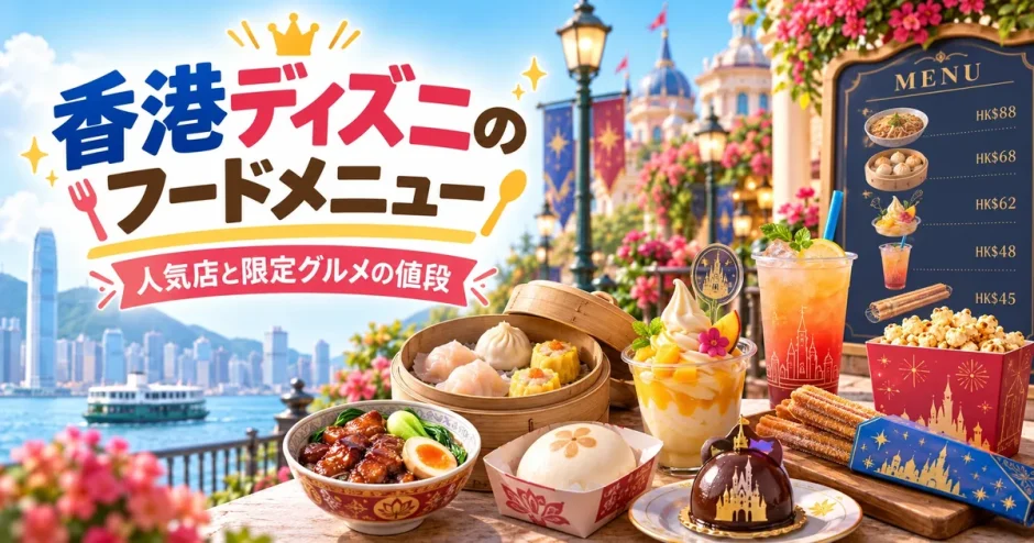 香港ディズニーのフードメニューと人気レストランを紹介するガイド画像