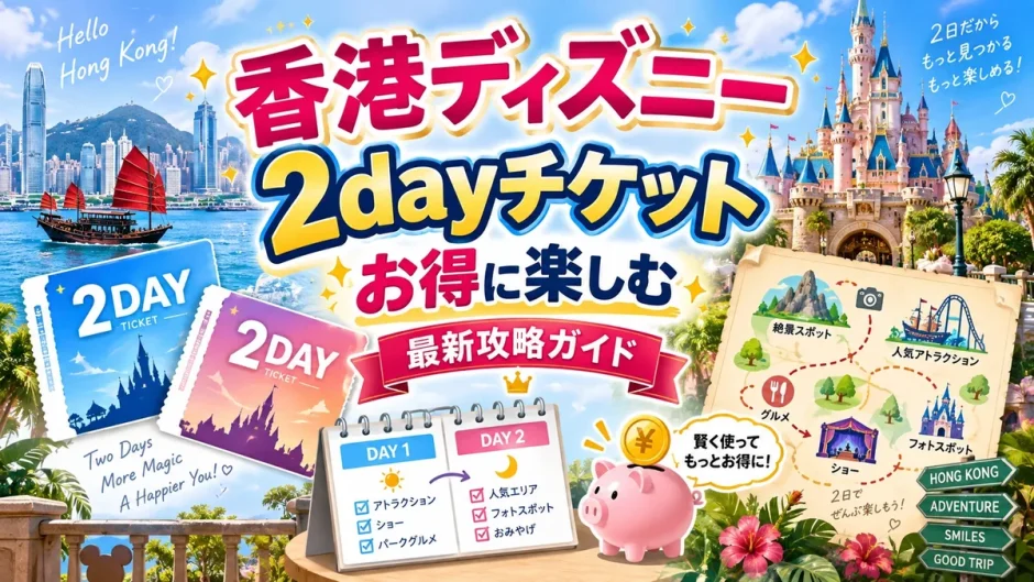 香港ディズニーの2dayチケット2枚と2日間の回り方を示した攻略マップ