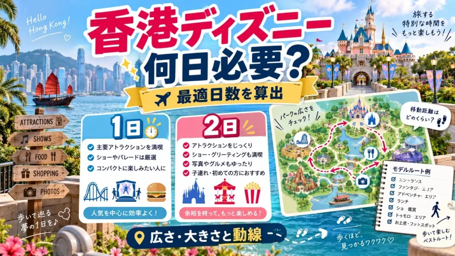 香港ディズニーのパークマップと1日プラン・2日プランの比較から必要日数を示した画像