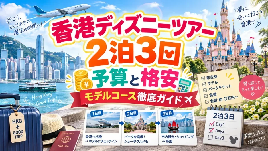 香港ディズニーツアー2泊3日の予算内訳と3日間のモデルコースをまとめた画像