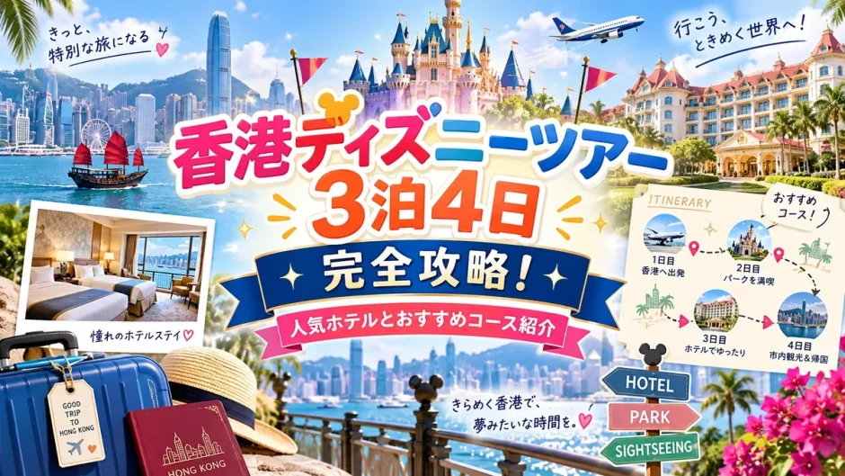 香港ディズニーツアー3泊4日の日程表と滞在ホテルの客室をまとめた画像