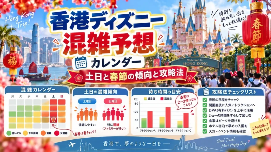 香港ディズニーの混雑予想カレンダーと土日・春節の待ち時間を比較したグラフ
