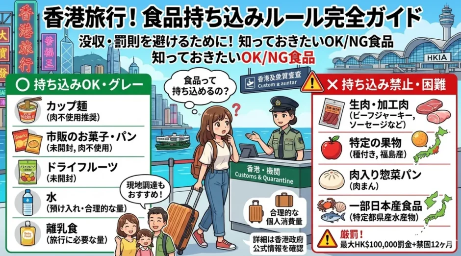 香港へ持ち込みが禁止されている食品とカップ麺や肉類の可否をまとめた一覧画像