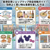 香港国際空港のターミナル別フロアマップと免税店・レストランの場所を示した図
