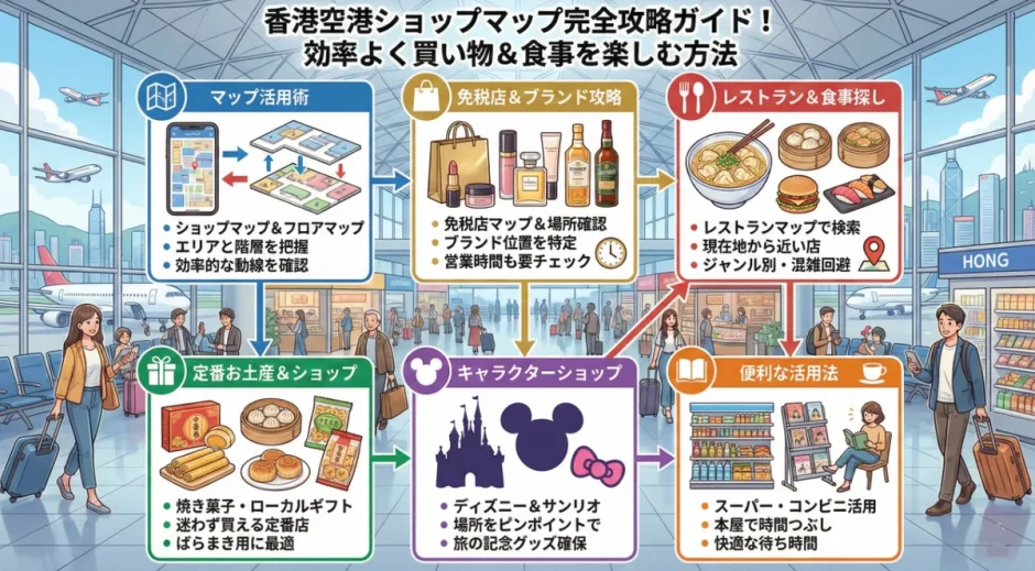 香港国際空港のターミナル別フロアマップと免税店・レストランの場所を示した図
