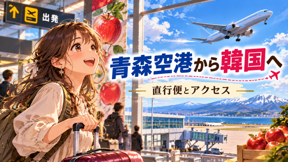 青森空港から韓国へ向かう旅行をイメージしたアニメ風イラスト