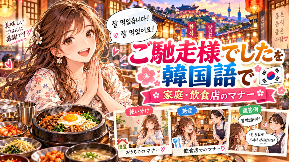 韓国語で食後の挨拶をする場面のアニメ風イラスト