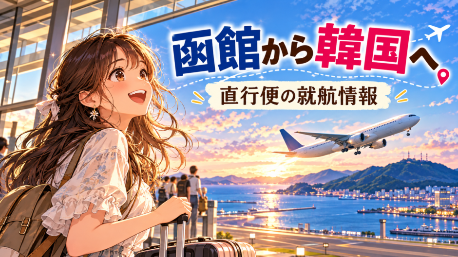 函館から韓国への直行便をイメージしたアニメ風イラスト