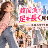 韓国風ファッションで脚を長く見せるコツを紹介するアニメ風イラスト