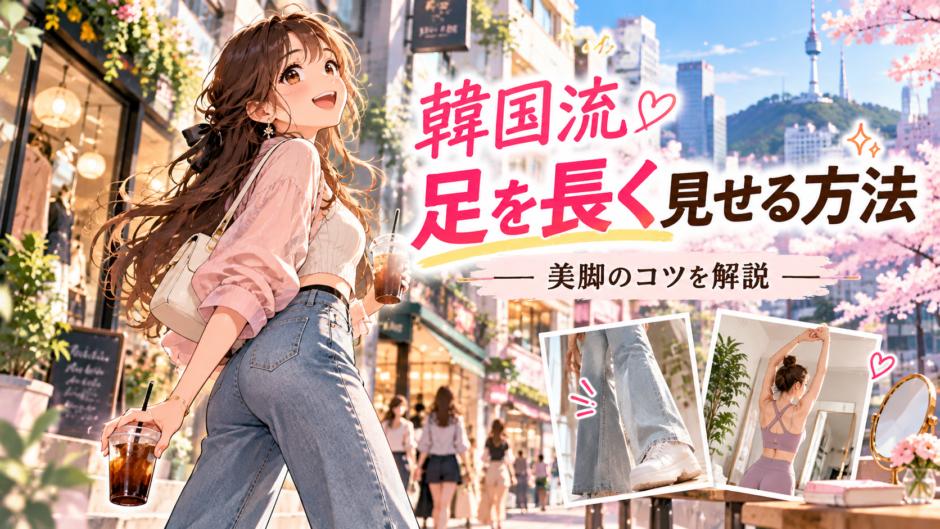 韓国風ファッションで脚を長く見せるコツを紹介するアニメ風イラスト