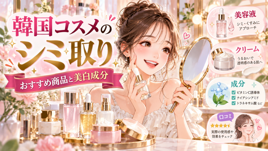 韓国コスメのシミやくすみケアを紹介するアニメ風イラスト