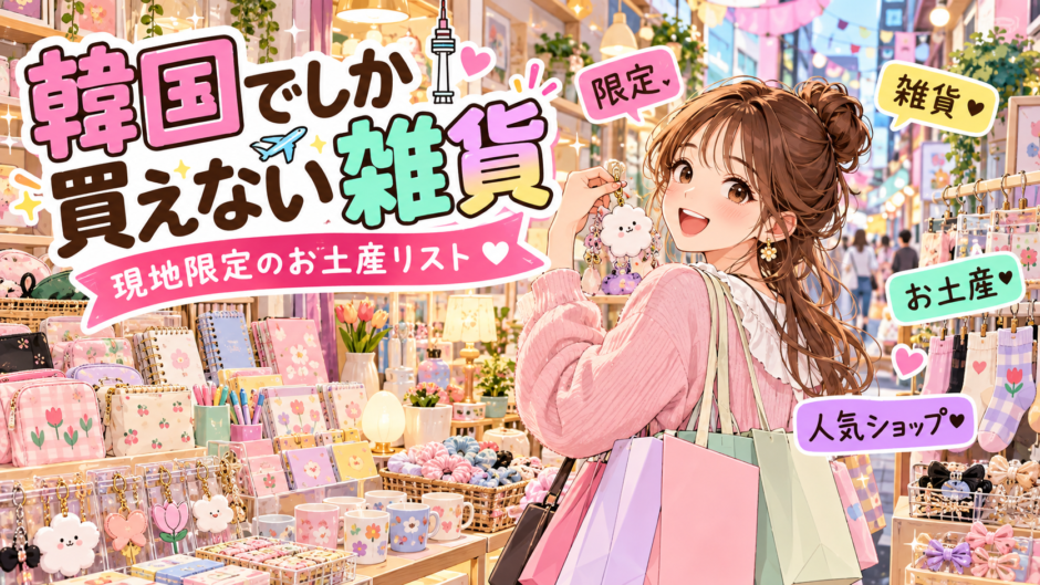 韓国限定雑貨を選ぶ旅行者のアニメ風イラスト