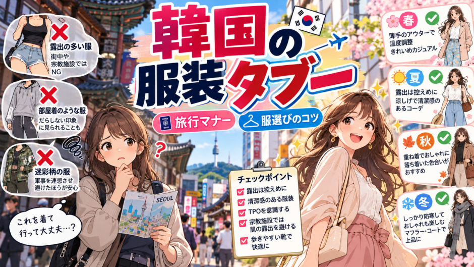 韓国旅行の服装タブーとマナーを比較したコーディネートイメージ