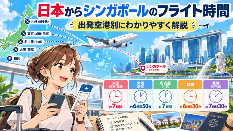 日本からシンガポールまでのフライト時間をイメージした飛行ルート
